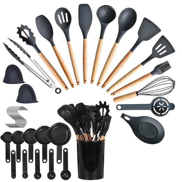 35-Pieces Stainless Steel Kitchen Cooking Set Utensils Set-Baking Accessories with Holder in Black