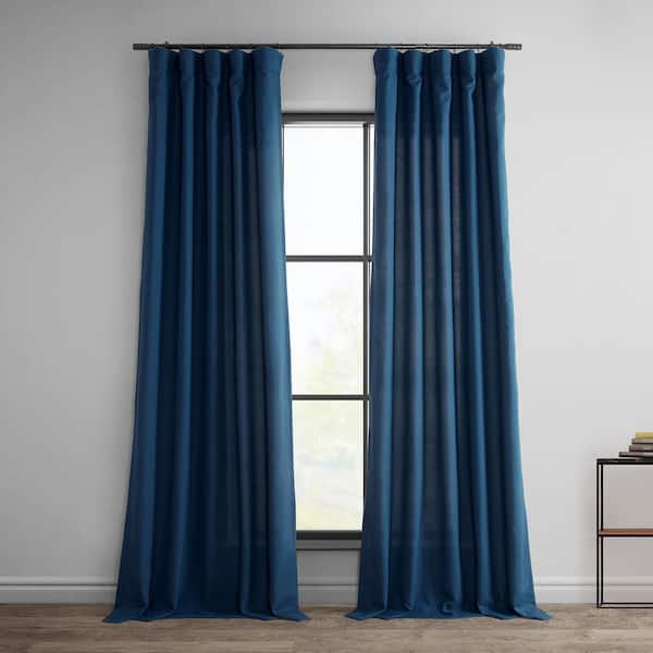 Exclusive Fabrics & Furnishings Deep Blue Dobby Linen 50 in. W x 96 in. L Room Darkening Rod Pocket Curtain (1 Panel)