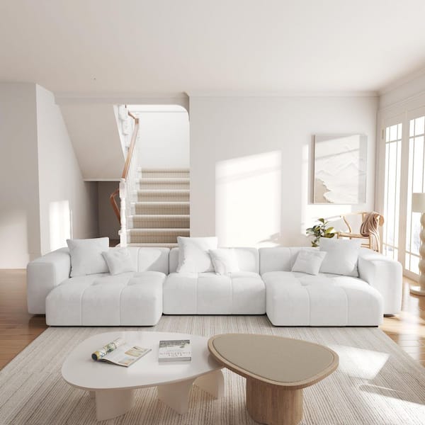 144 in. Oversized Square Arm Linen U Shaped Modular Sectional Sofa 3-Seater with 2-Ottomans in. White