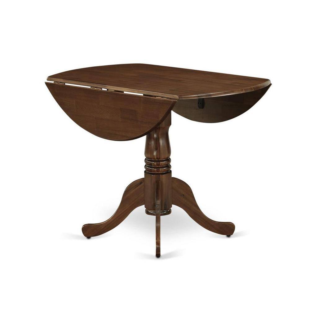 Antique Walnut Round Rubberwood Dining Table with Dropleaf and 2 Navy Blue Faux Leather Chairs