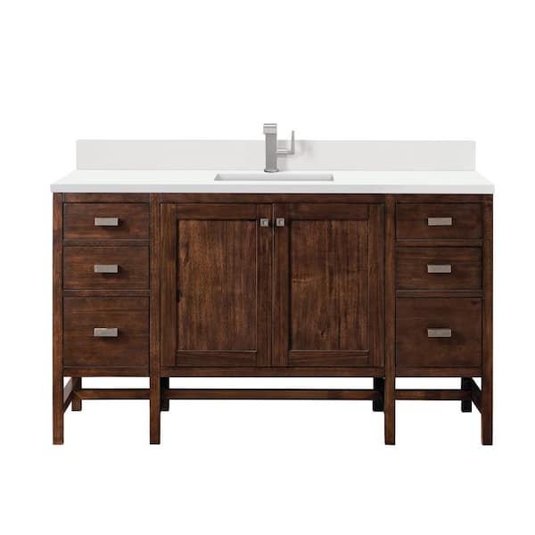 James Martin Vanities Addison 60.0 in. W x 23.5 in. D x 35.5 in. H Single Single Bathroom Vanity Mid-Century Acacia and White Zeus Quartz Top