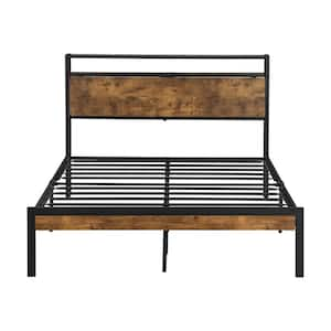 Modern Industrial Black Metal Frame Full Platform Bed with Wooden Storage Headboard and Charging Station