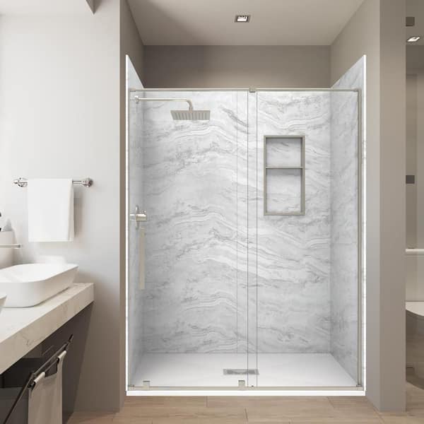 Sierra L 32in. x60in. x 84in. Solid Composite Stone Alcove Shower Combo Kit Matching Brushed Nickel Door,Niche and Drain