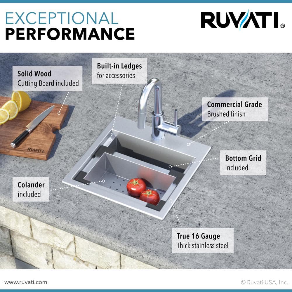Ruvati 15'' Stainless Steel Workstation Sink with Sapele Wood Cutting Board