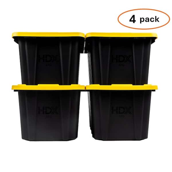 HDX 27 Gal. Tough Storage Tote In Black With Yellow Lid 4-Pack 999-HDX ...