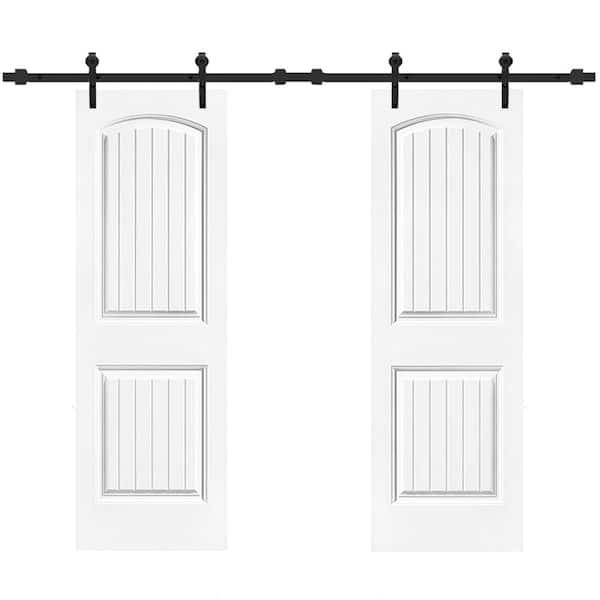 CALHOME 36 in. x 80 in. Camber Top in White Primed Composite MDF 2-Split Sliding Barn Door with Hardware Kit