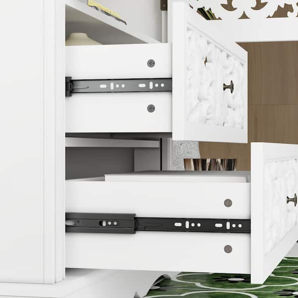 White Finish 66.1 in. Accent Storage Cabinet with 5 Shelves, Decorative Carved Doors, 2 Drawers, Anti-Tip Kit