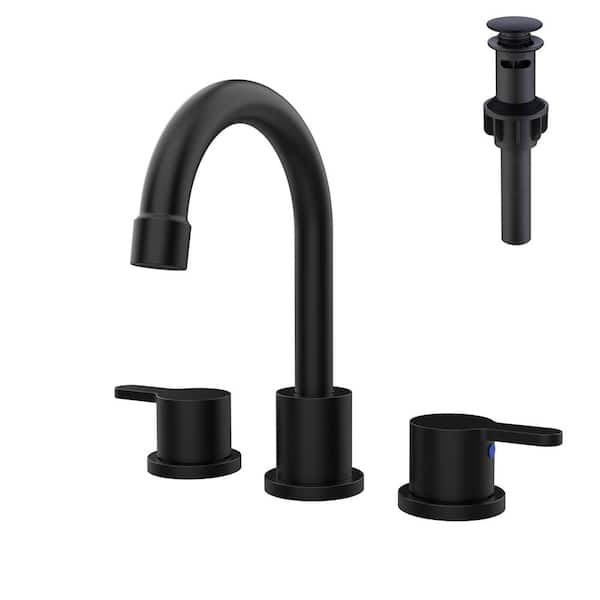 Deck Mount 2 Handles Bathroom Faucet with Pop Up Drain Assembly in Matte Black (1-Pack)