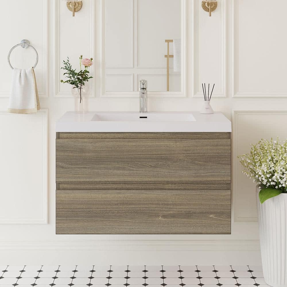 35. 43in. Single Sink Floating Ash Grey Bath Vanity with White Resin Top Assembled price history on PriceWatchPro