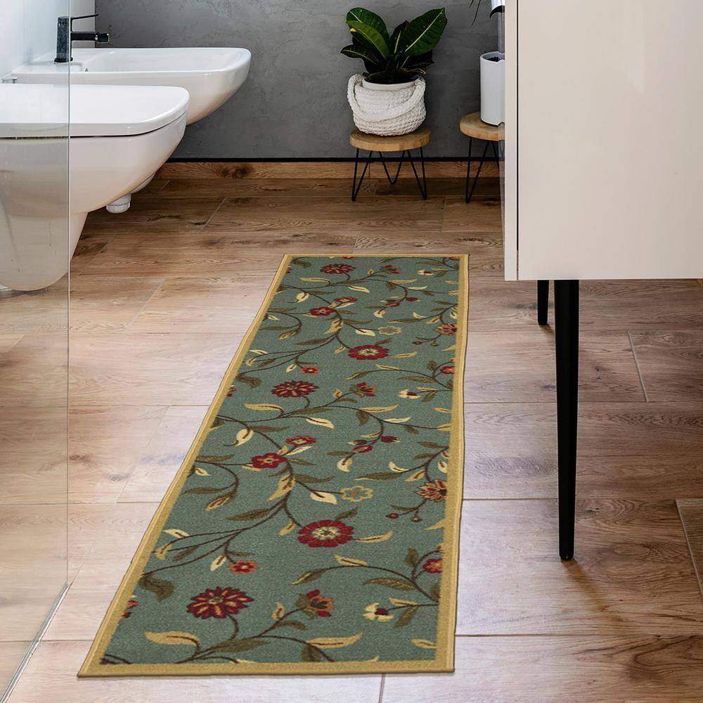 Seafoam Green Floral Non-Slip Runner Rug with Rubber Backing