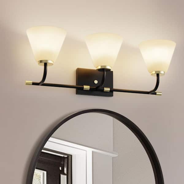YANSUN 25 in. 3-Light Black Vanity Light with Cone White Frosted Glass Shades for Bathroom, Mirror, Living Room