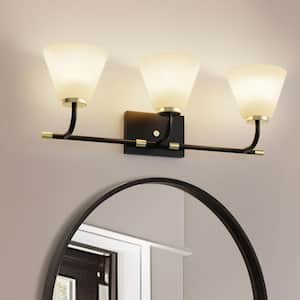 25 in. 3-Light Black Vanity Light with Cone White Frosted Glass Shades for Bathroom, Mirror, Living Room