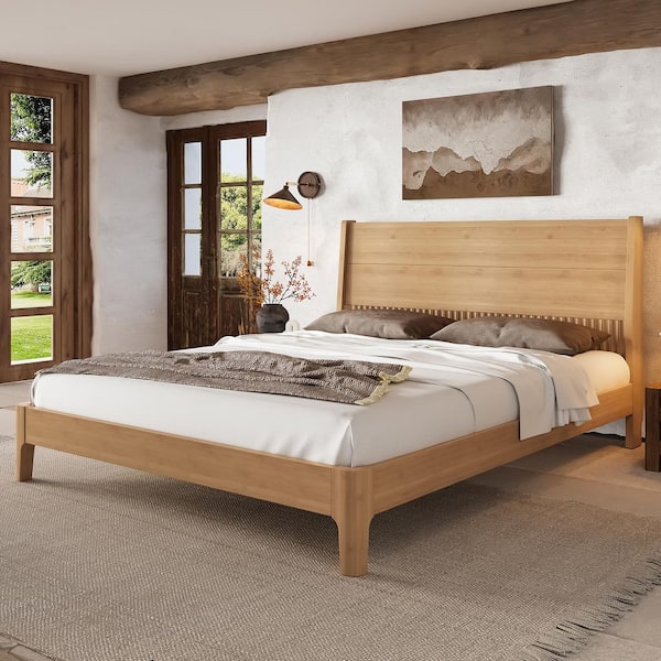 Natural Yellow Solid Bamboo Wood Frame Queen Size Platform Bed with Support Slats, Easy Assembly