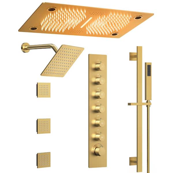 Large 63-Spray 27 1/2 in. and 8 in. Dual Shower Heads Ceiling Mount Fixed and Handheld Shower Head in Brush Gold 2. 5GPM