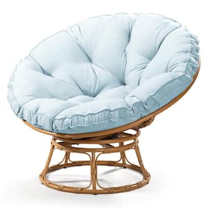 Brown Wicker Outdoor Patio Swivel Papasan Lounge Chair with Blue Cushion