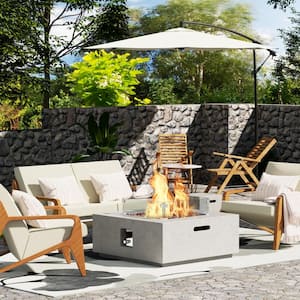 35 in. 50,000 BTU Square Glass Fiber Reinforced Concrete Outdoor Fire Pit Table with Glass Wind Guard and Tank Cover