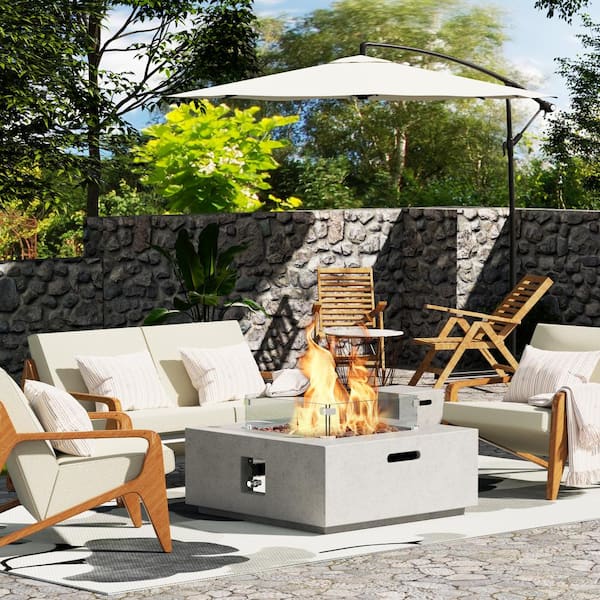 Cesicia 35 in. 50,000 BTU Square Glass Fiber Reinforced Concrete Outdoor Fire Pit Table with Glass Wind Guard and Tank Cover