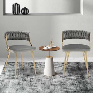 Grey Velvet Dining Chair Upholstered Modern Accent Chair with Woven Back Set of 2