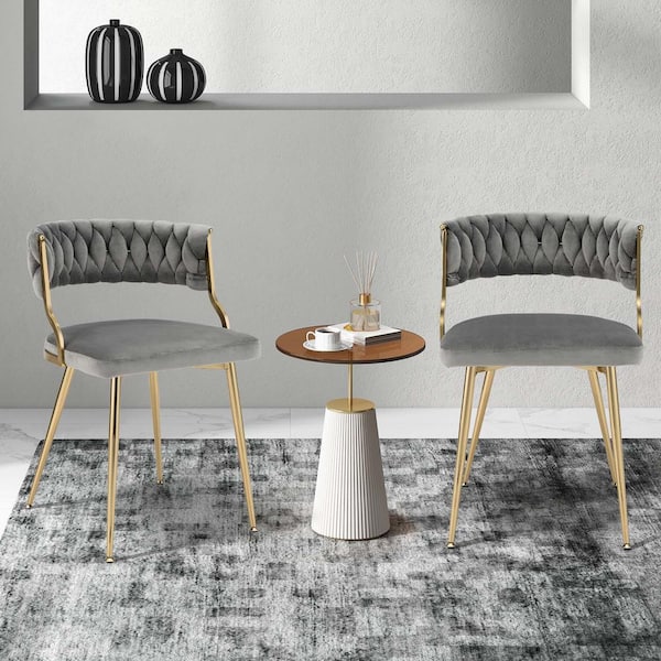 Costway Grey Velvet Dining Chair Upholstered Modern Accent Chair with Woven Back Set of 2