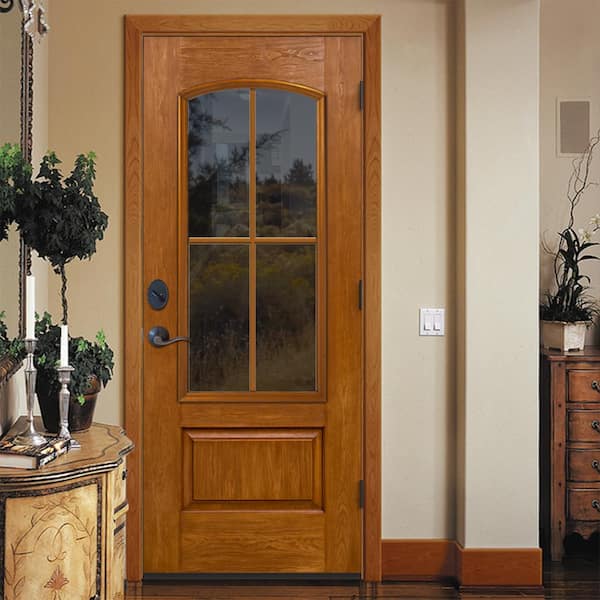 36 in. x 80 in. Left-Hand 4 Lite Clear Glass Mocha Stain Fiberglass Prehung Front Door with Brickmould