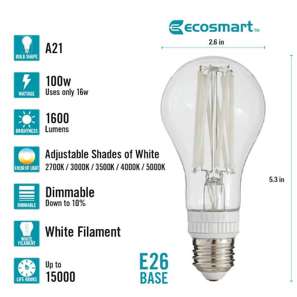 100-Watt Equivalent A21 Dimmable White Filament CEC Clear Glass E26 Medium Base LED Light Bulb Selectable White (1-Pack)