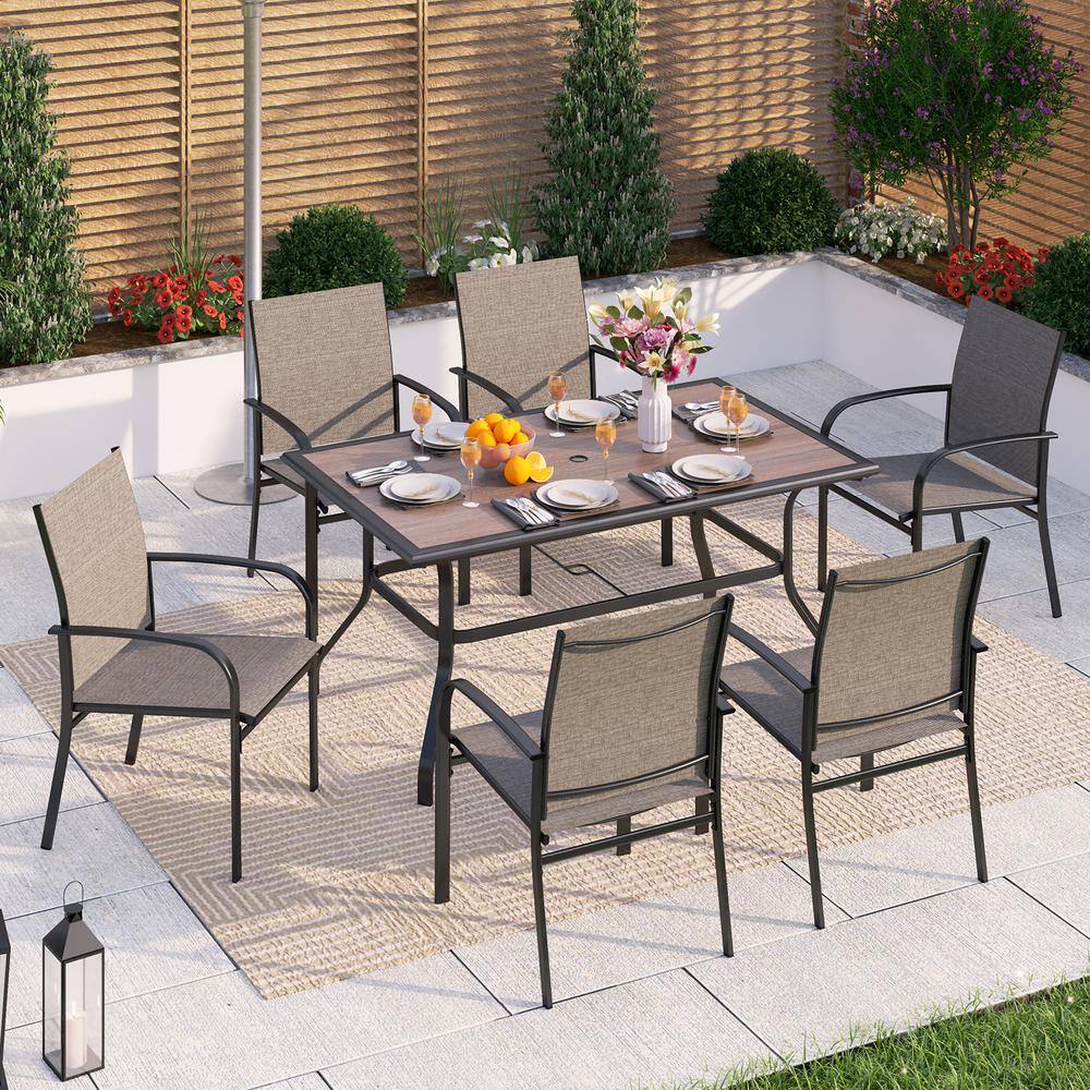 PHI VILLA Black 7-Piece Metal Outdoor Patio Dining Set with Wood-Look Umbrella Table and Brown Textilene Chairs