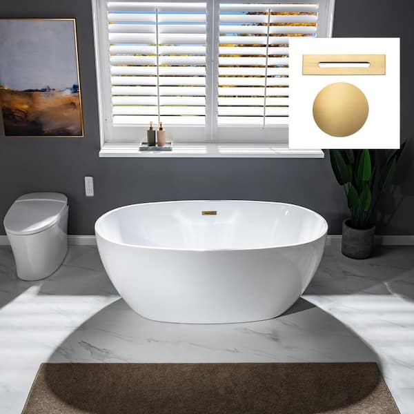 59 in. L x 31.5 in. W Acrylic Flatbottom Freestanding Soaking Bathtub in White with Brushed Gold Drain