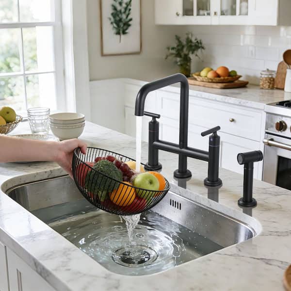 Double Handle Brass Bridge Kitchen Faucet, Deck Mount Kitchen Sink Faucet with Side Sprayer in Matte Black