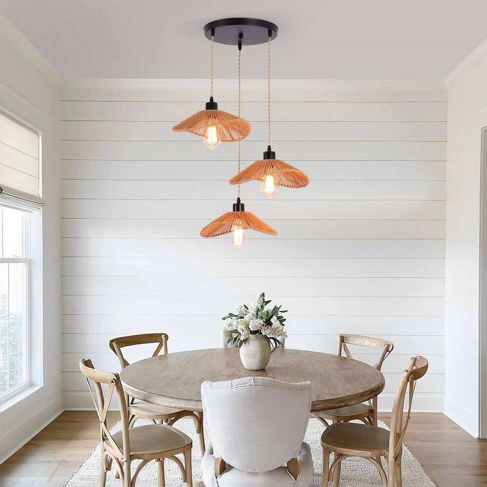 3 Light Rattan Farmhouse Boho Matte Black Pendant Light for Kitchen Island Living Room Bedroom Foyer, No Bulbs Included price history on PriceWatchPro