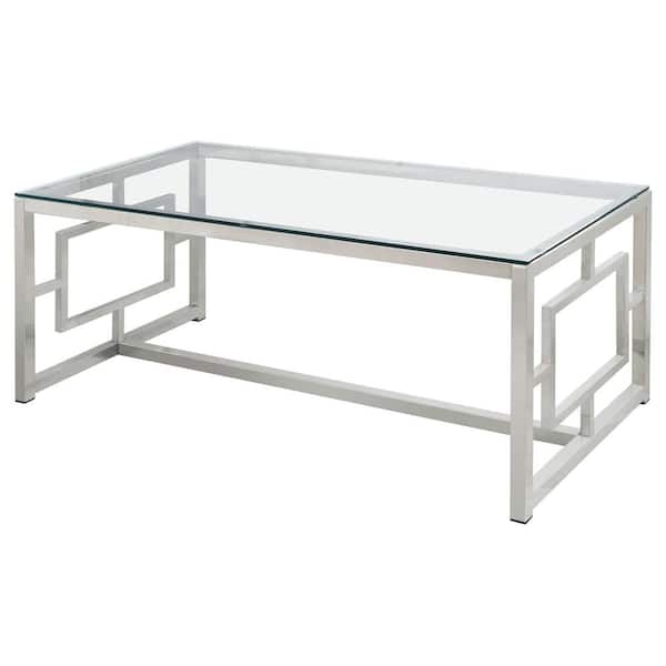Coaster 48 in. Nickel/Clear Large Rectangle Glass Coffee Table with Geometric Motif