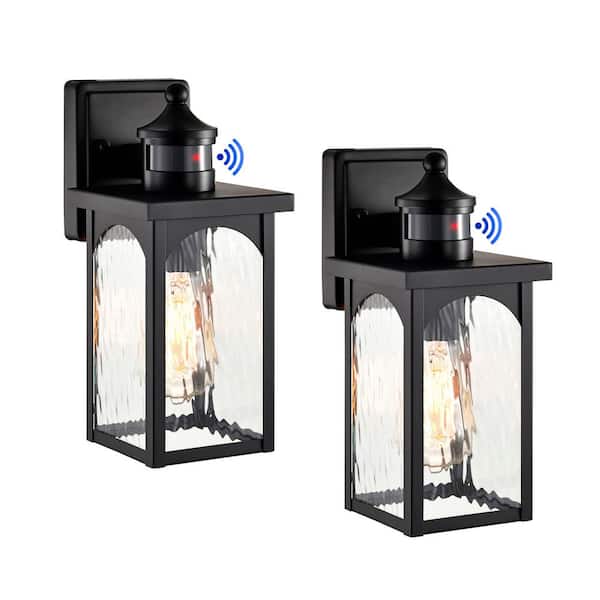 Edvivi 12 in. 1-Light Black Motion Sensing Dusk to Dawn Outdoor Hardwired Wall Lantern Sconce w/ Water Wave Clear Glass 2-Pack
