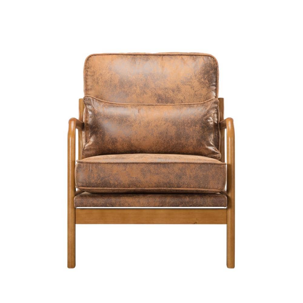 Brown Faux Leather Arm Chair with Solid Wood Leg