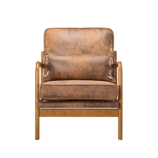 AndMakers Brown Faux Leather Arm Chair with Solid Wood Leg