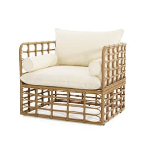 Outdoor Patio Light Brown Rattan and Iron Club Chair with Beige Cushion