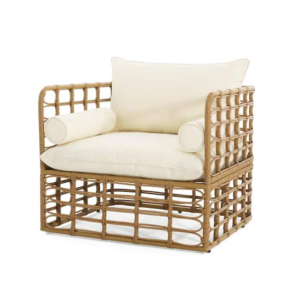 Noble House Outdoor Patio Light Brown Rattan and Iron Club Chair with Beige Cushion