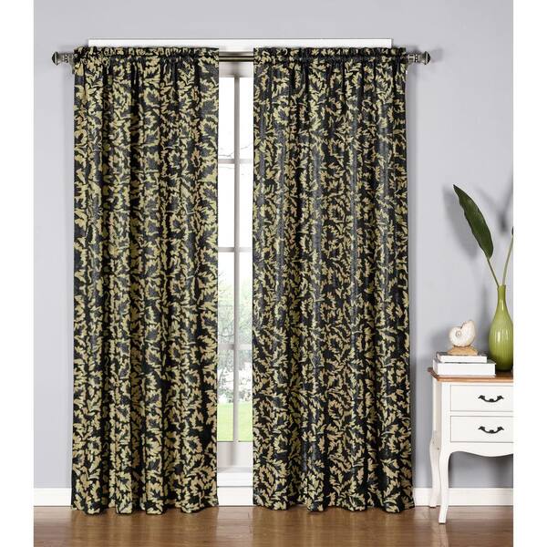 Window Elements Semi-Opaque Dawson Shimmering Leaf 54 in. W x 84 in. L Rod Pocket Extra Wide Curtain Panel in Black