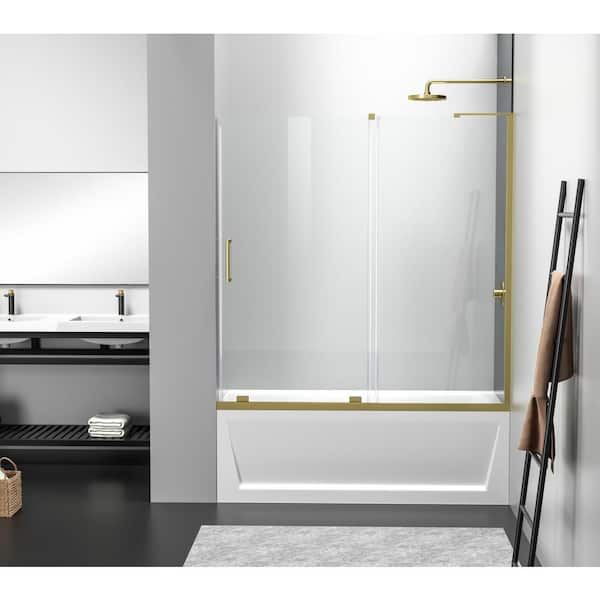 Unbranded Simply Living 60 in. W x 60 in. H Frameless Sliding Tub Door in Brushed Gold with Clear Glass