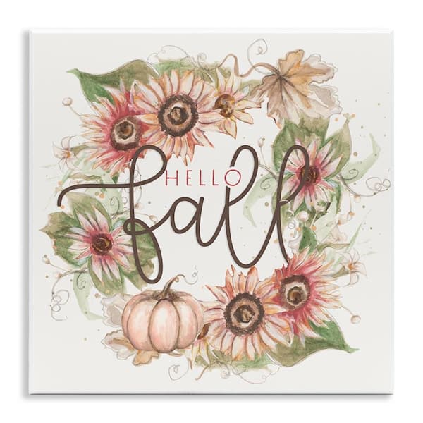 Stupell Industries Hello Fall Autumn Greeting Floral Pumpkin Wreath by Patricia Pinto Unframed Graphic Nature Art Print 12 in. x 12 in.