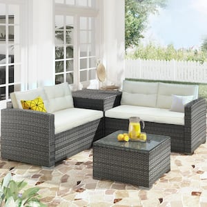 Gray Wicker Outdoor Patio Sectional with Beige Cushions