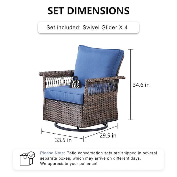 Solara 4-Piece Brown Wicker Outdoor Rocking Chair Patio Furniture Swivel Glider Set Deep Seating with Blue Cushions