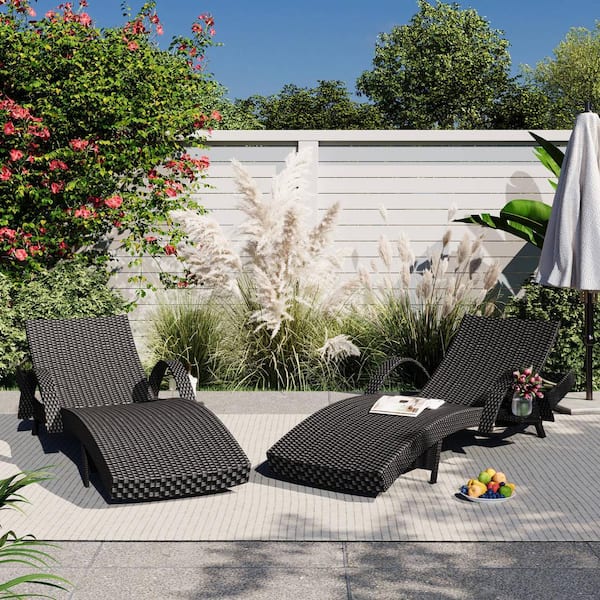 Polibi 80" Black Outdoor Wicker Chaise Lounge Chairs Set of 2, Patio Reclining Chair Pull-out Side Table, Adjustable Backrest