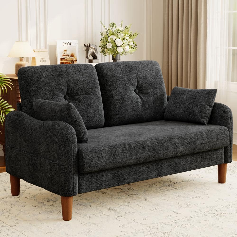 48" Loveseat Sofa,Black Chenille Modern Couches for Small Spaces,Deep Seat,Throw Pillow,Side Pockets,Curved Armrest