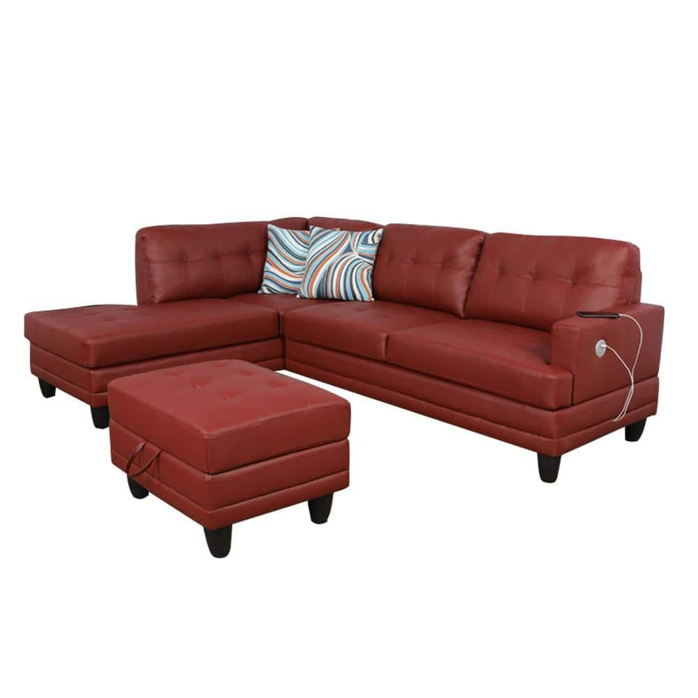 Star Home Living 3-Piece Red Faux Leather 4-Seat L Shaped Right Facing ...