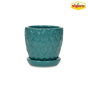 4 in. Colusa Small Teal Leaf Textured Ceramic Planter (3.9 in. D x 3.9 in. H) with Drainage Hole and Attached Saucer