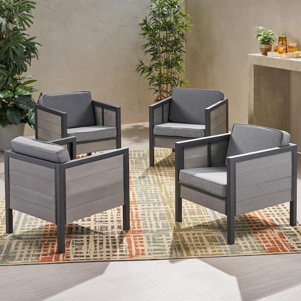 Noble House Jax Black Removable Cushions Metal Outdoor Lounge Chair with Grey Cushions (4-Pack)