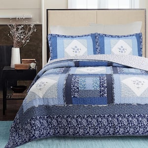 Freesia Floral Cottage Garden 3-Piece Blue Embroidered Cross Stitch Patchwork Cotton King Quilt Bedding Set