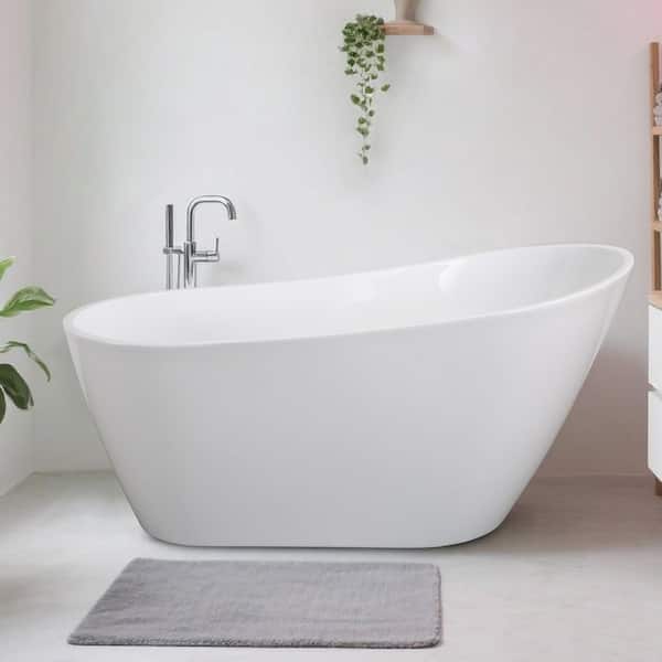 66.87 in. x 31.45 in. Acrylic Freestanding Tub Flatbottom Soaking Bathtub with Drain and Overflow in Gloss White