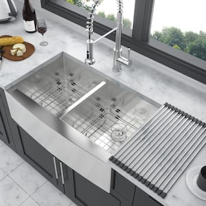 33 in. Farmhouse/Apron-Front Double Bowl(50/50) 18 Gauge Brushed Nickel Stainless Steel Kitchen Sink with Bottom Grids