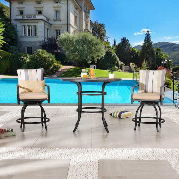 Patio Festival 3-Piece Metal Bar Height Outdoor Bistro Set with Beige Cushions