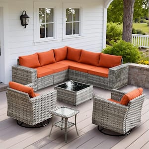 Beatrice 9-Piece Wicker Patio Conversation Seating Sofa Set with Orange Red Cushions and Swivel Rocking Chairs